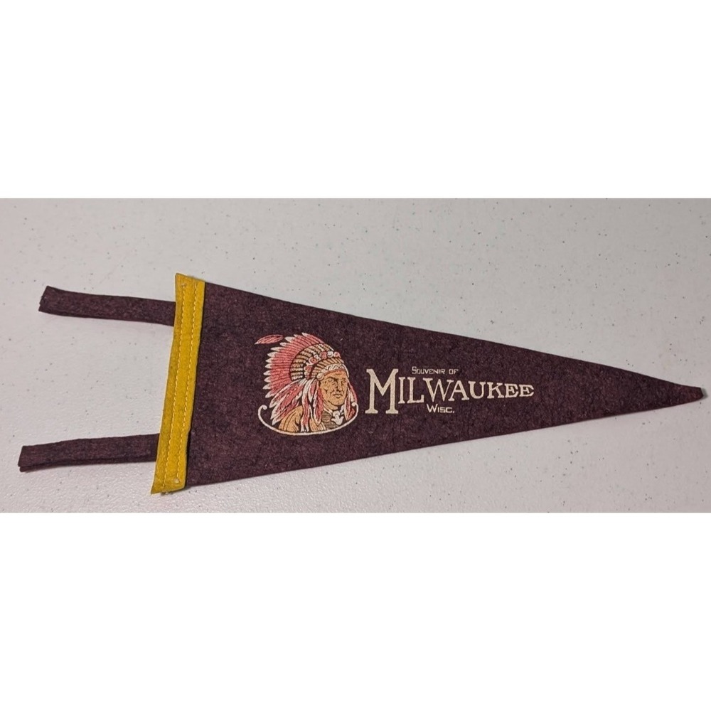 Souvenir Of Milwaukee Felt Pennant 12" Long With Indian Chief Head Vintage